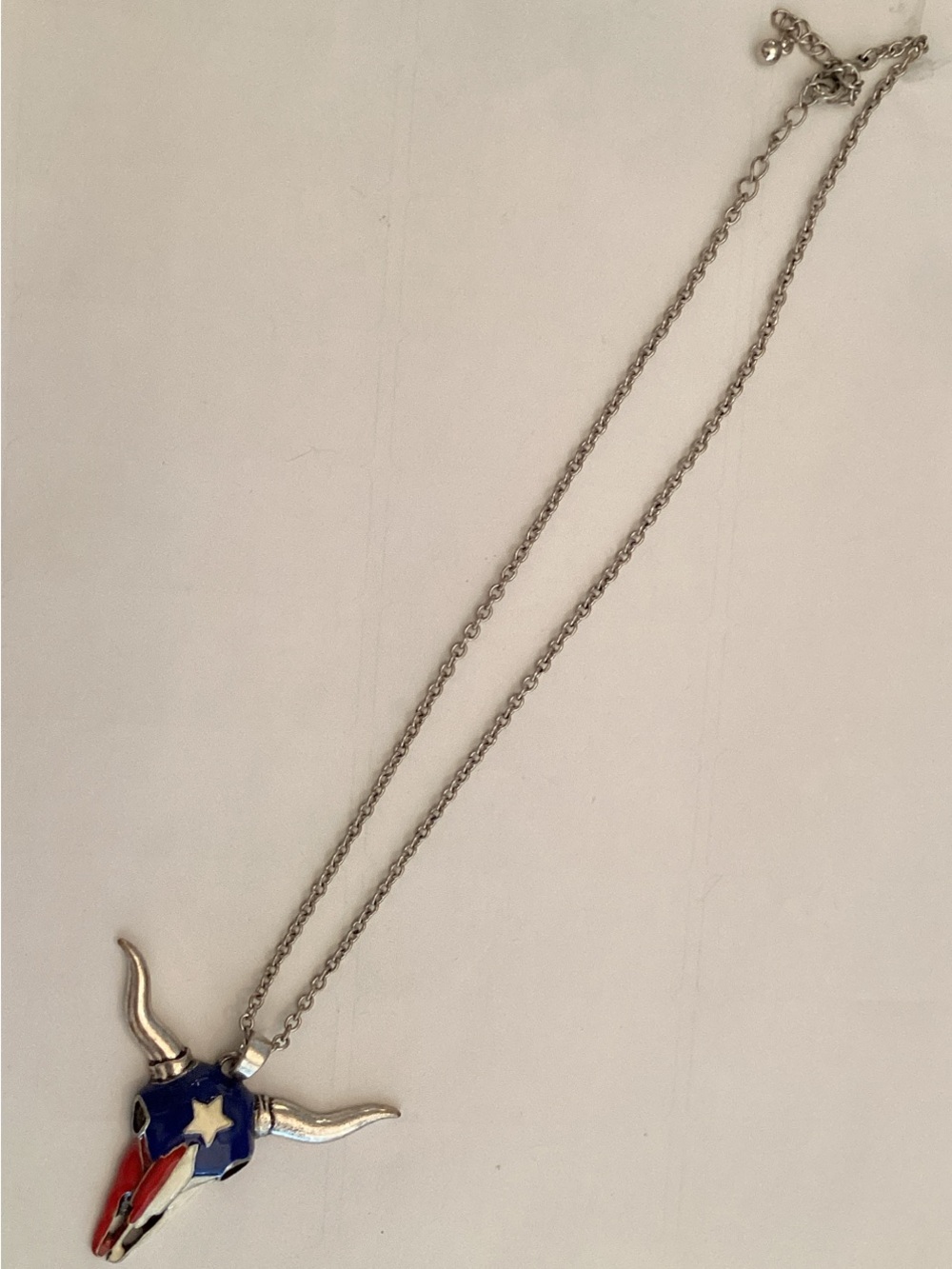 Patriotic Longhorn Skull Necklace - Silver & Red, White, Blue
